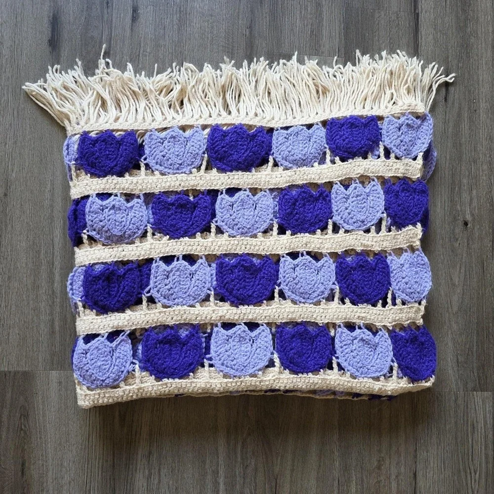 Vintage Handmade Crochet Purple & Cream Tulip Tulips Afghan Throw Blanket 85x45